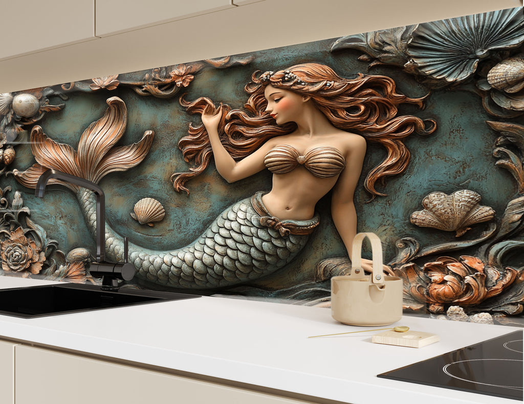 Mystical Mermaid Stained - Glass Kitchen Backsplash-BacksplashArtworks