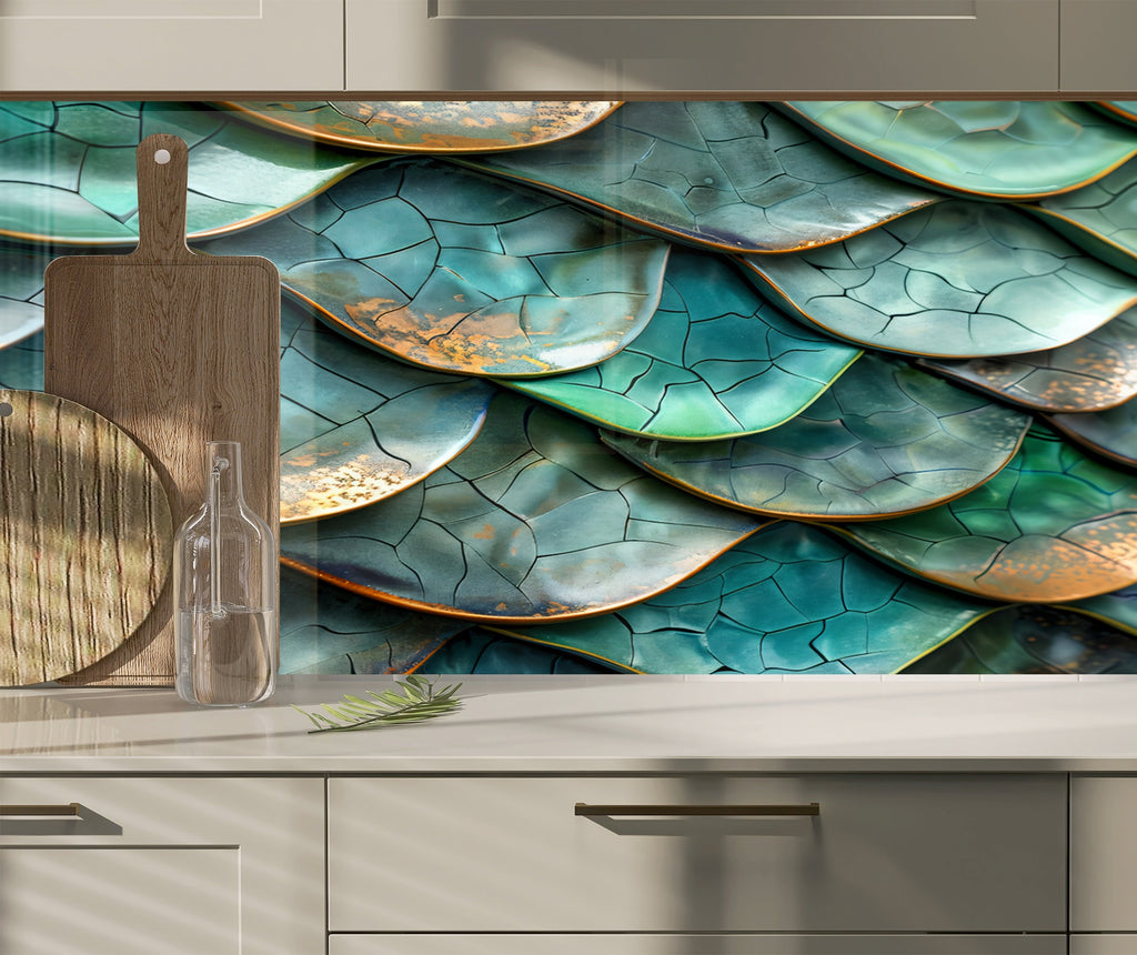 Emerald Dragon Scale Stained - Glass Kitchen Backsplash-BacksplashArtworks