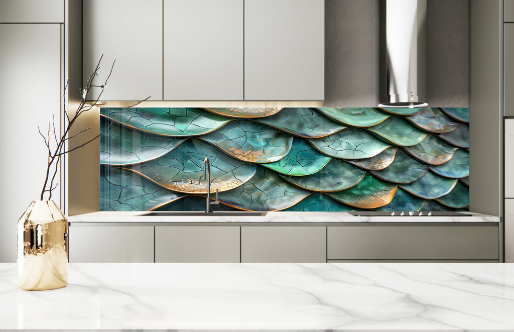 Emerald Dragon Scale Stained - Glass Kitchen Backsplash-BacksplashArtworks