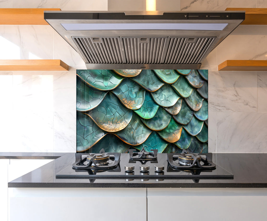 Emerald Dragon Scale Stained - Glass Kitchen Backsplash-BacksplashArtworks