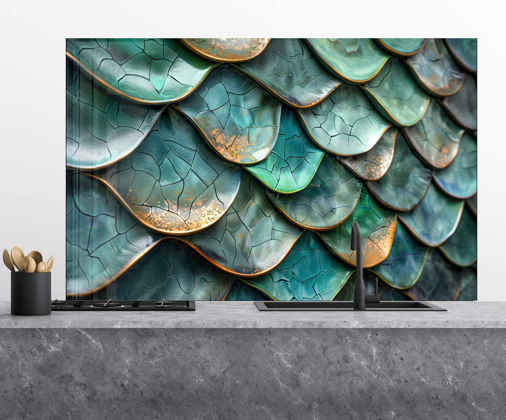 Emerald Dragon Scale Stained - Glass Kitchen Backsplash-BacksplashArtworks