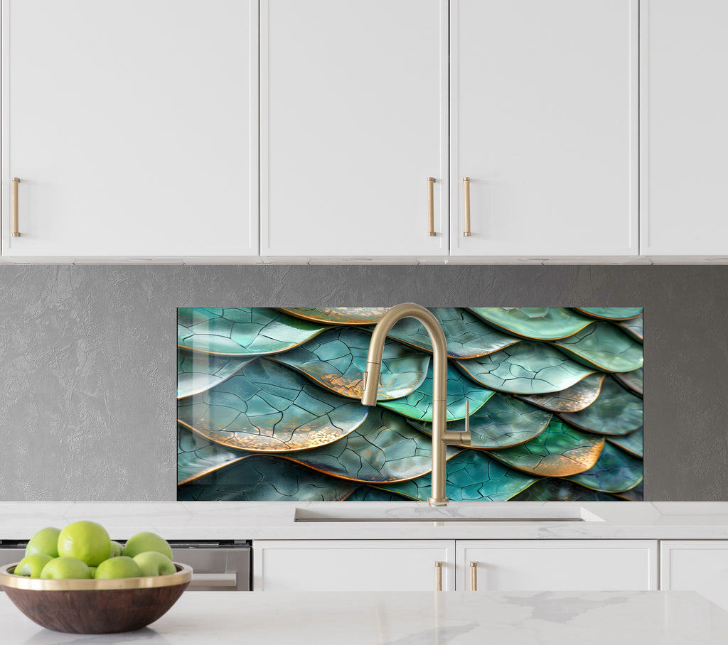 Emerald Dragon Scale Stained - Glass Kitchen Backsplash-BacksplashArtworks