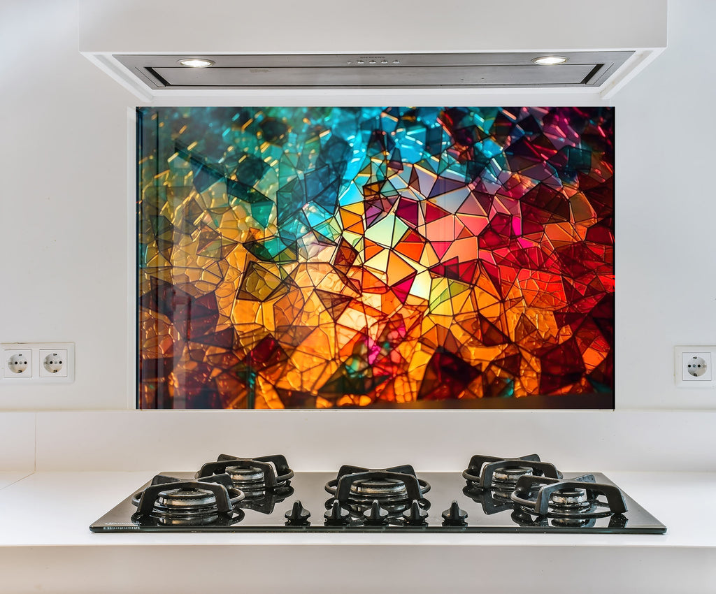 a picture of a multicolored painting on a wall above a stove