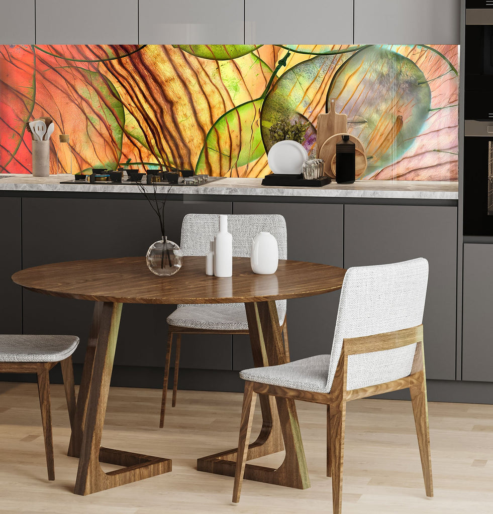 a kitchen with a table and chairs and a painting on the wall