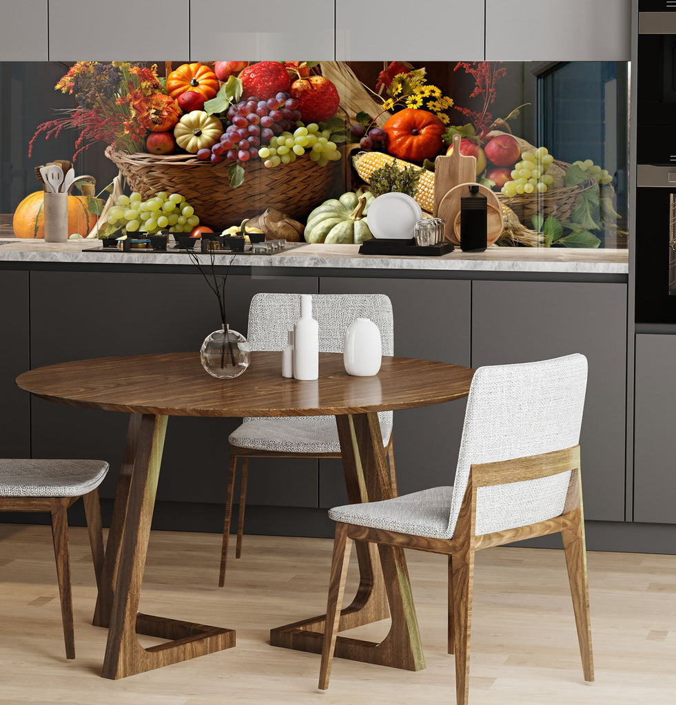 a kitchen table with a basket of fruit on top of it