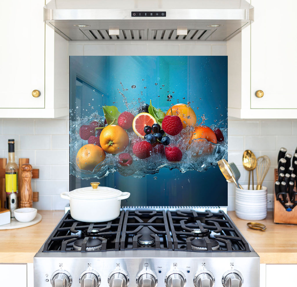 a stove top oven sitting under a painting of fruit