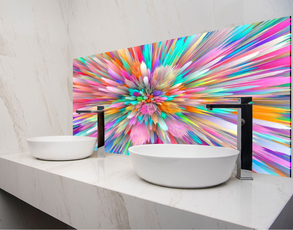 two white bowls on a counter in front of a colorful painting