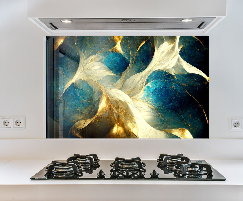 a picture of a blue and white flower on a wall above a stove