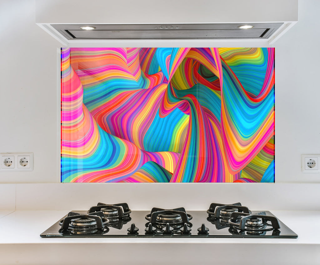 a picture of a colorful painting on a wall above a stove