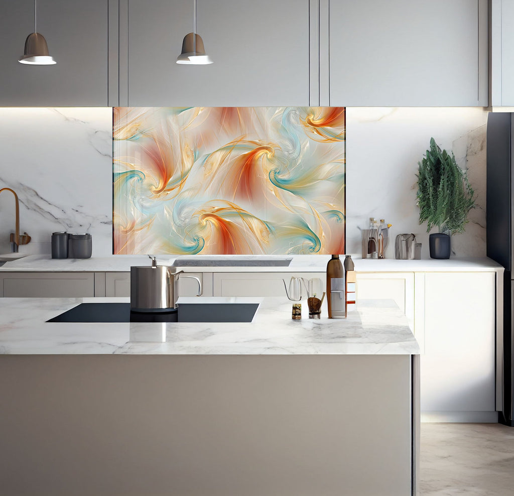 a kitchen with marble counter tops and a painting on the wall