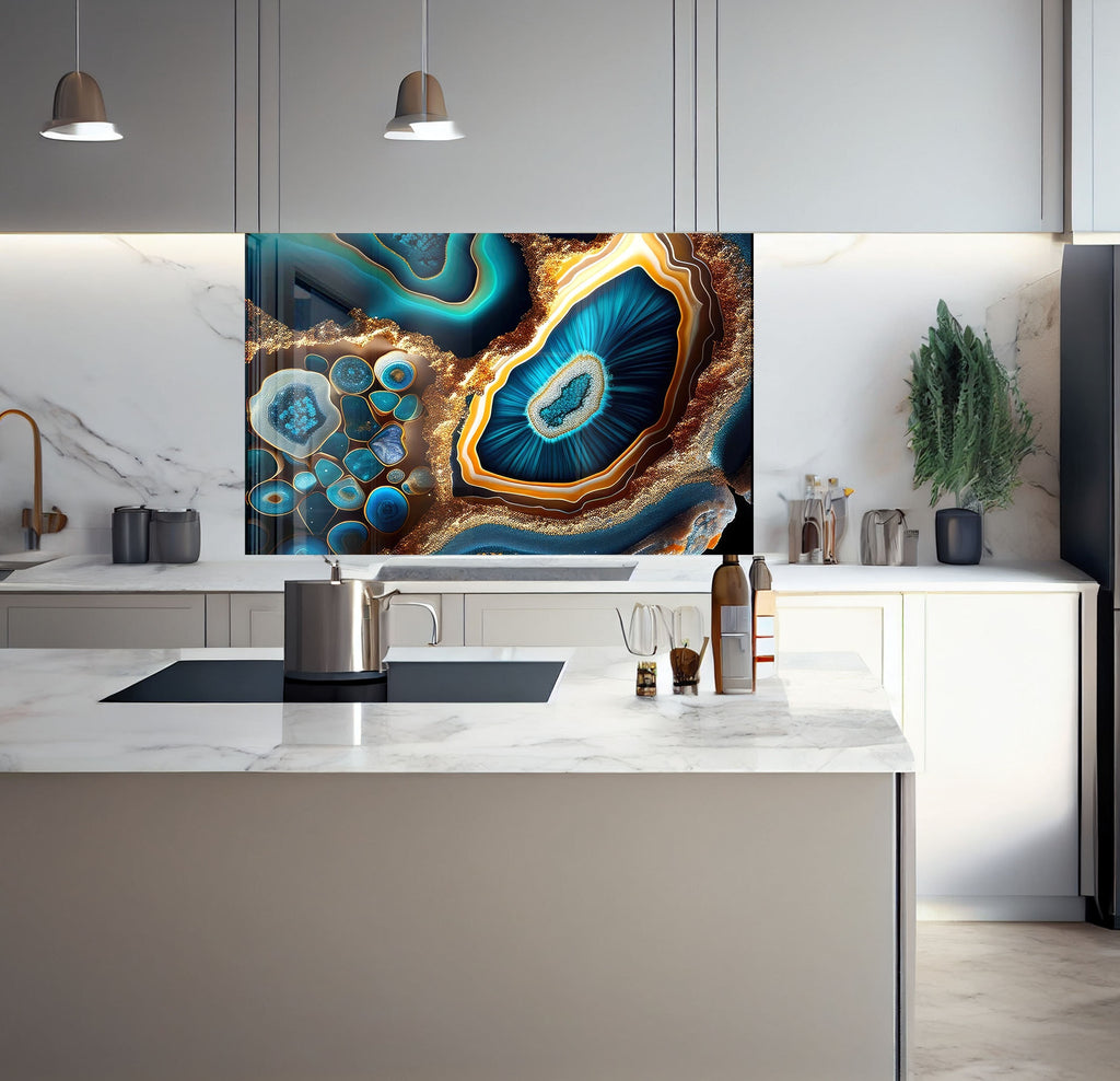 a kitchen with a marble counter top and a painting on the wall