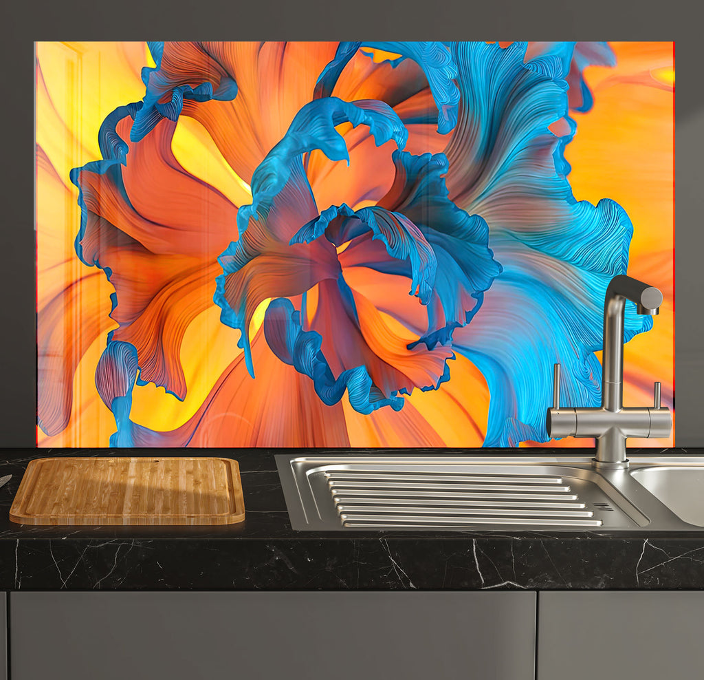 a kitchen with a sink and a painting on the wall