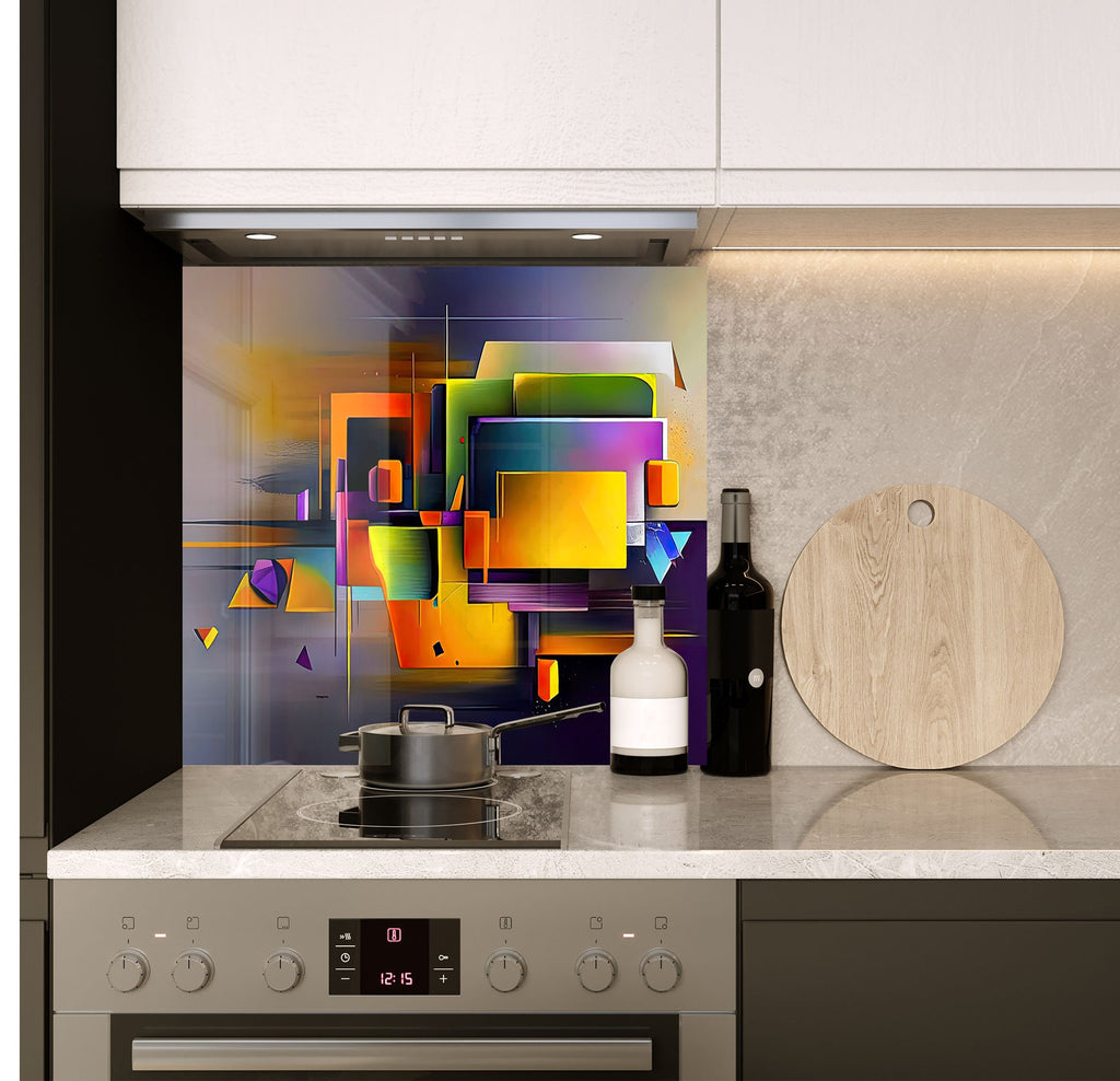 a kitchen with a stove top oven next to a cutting board