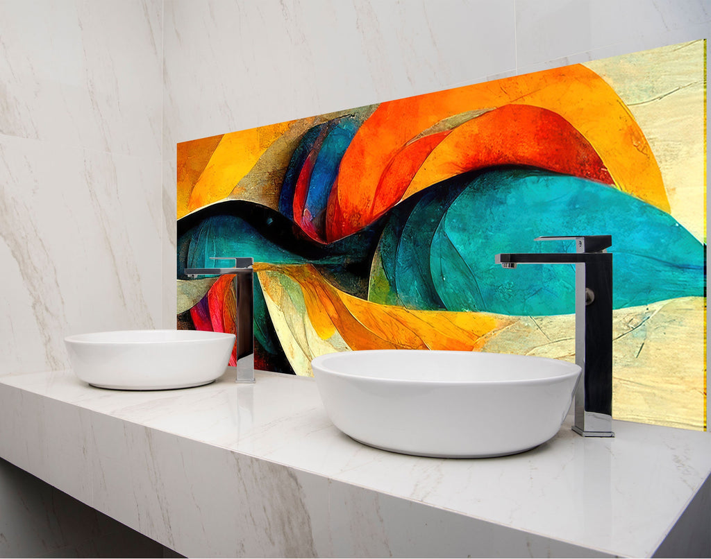 a bathroom with two sinks and a painting on the wall