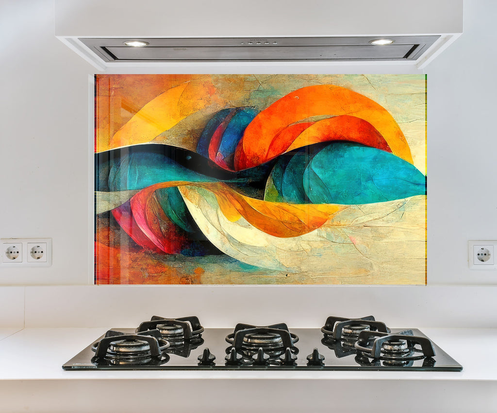 a painting on a wall above a stove top