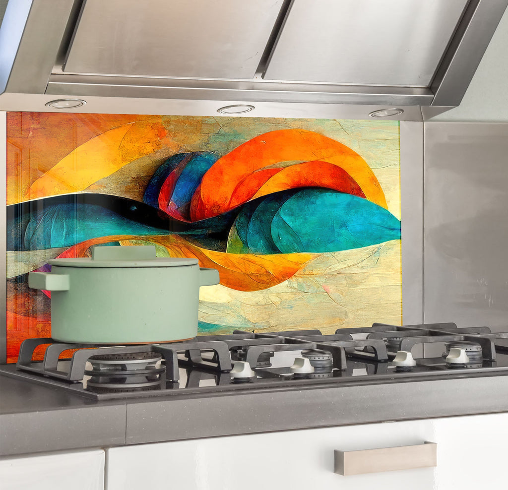 a stove top with a painting on the back of it