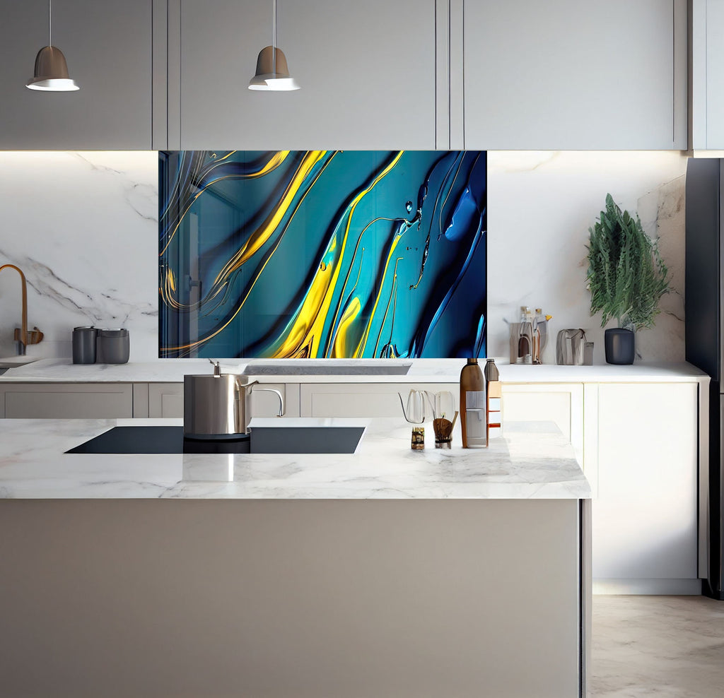 a kitchen with marble counter tops and a painting on the wall