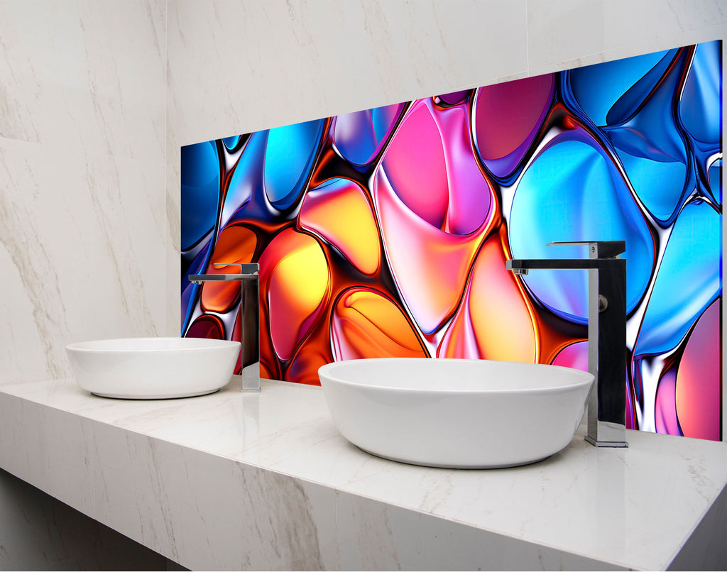 two white bowls on a counter in front of a colorful wall