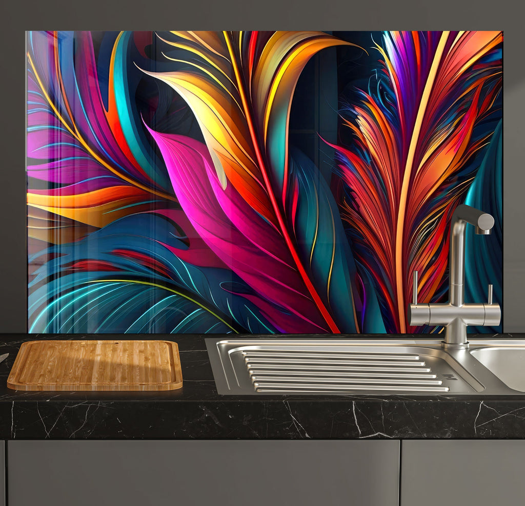 a kitchen counter with a sink and a painting on the wall