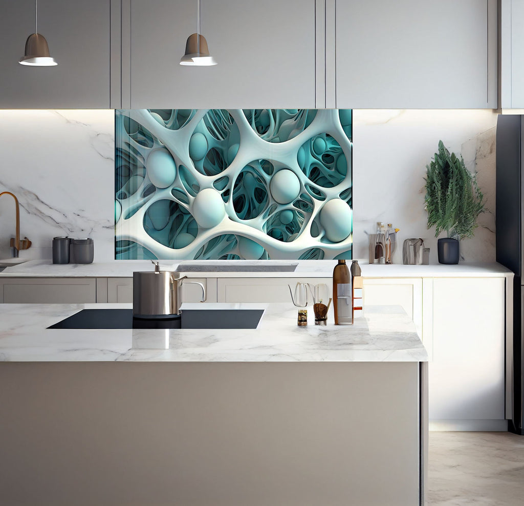 a kitchen with a marble counter top and a painting on the wall