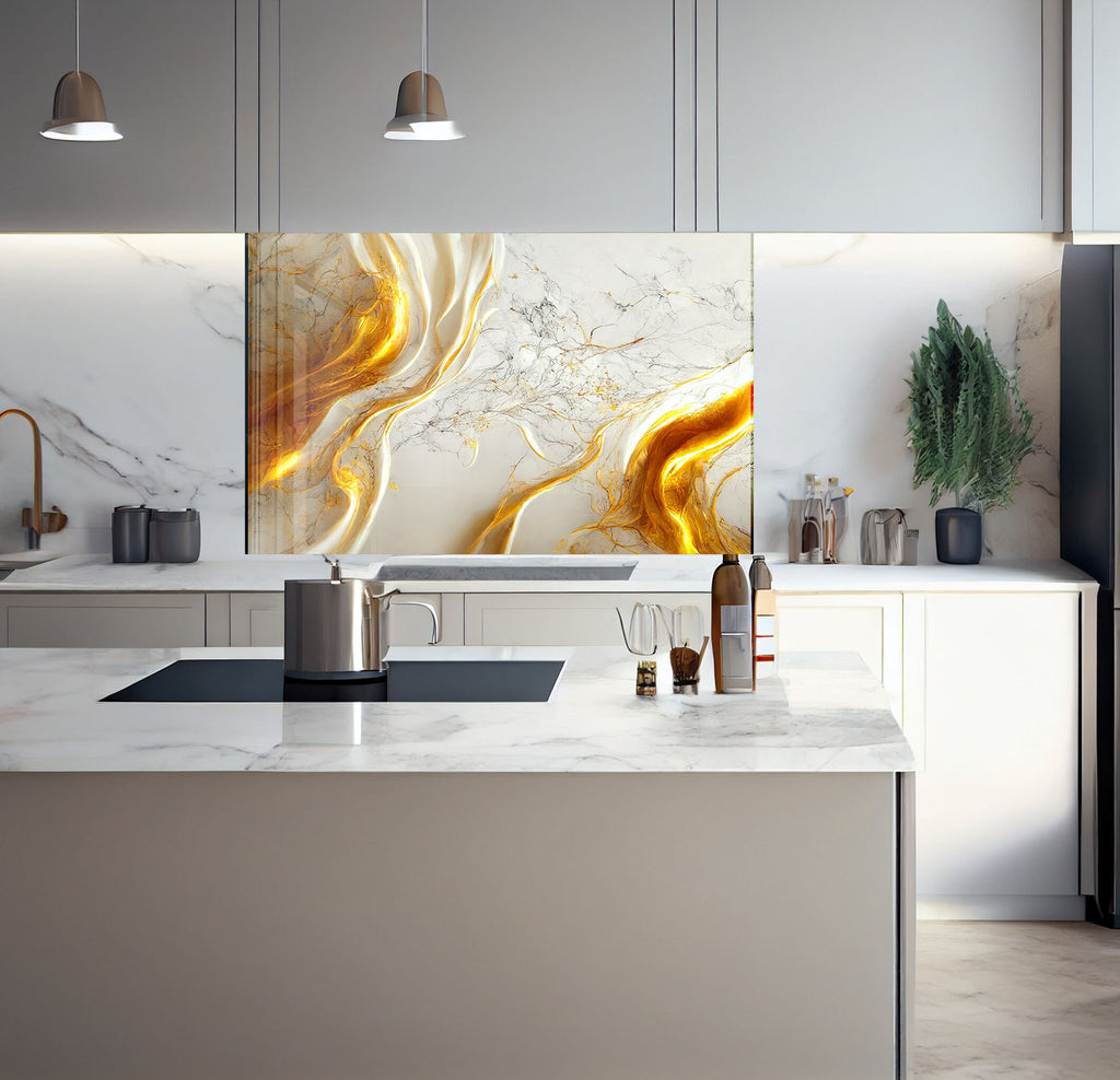 a kitchen with marble counter tops and white cabinets