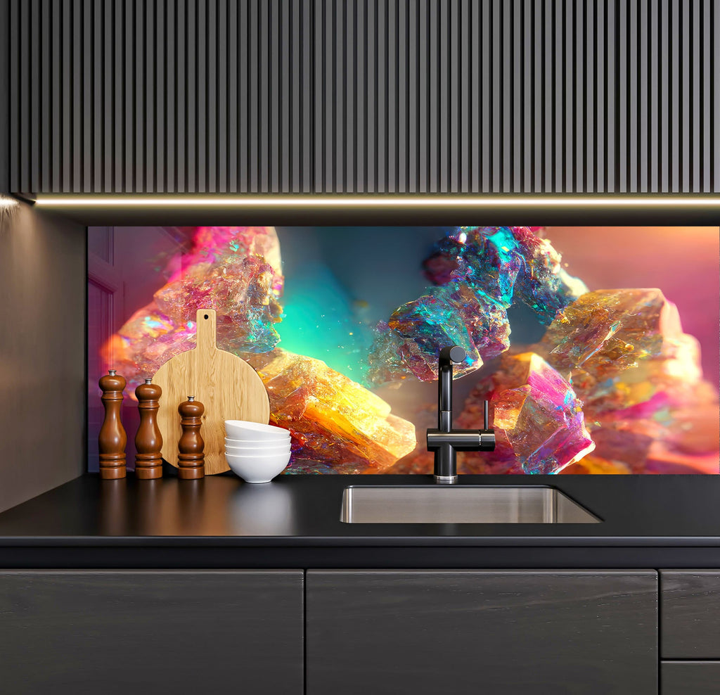 a kitchen counter with a sink and a painting on the wall