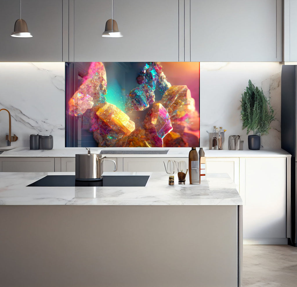 a kitchen with a large television on the wall