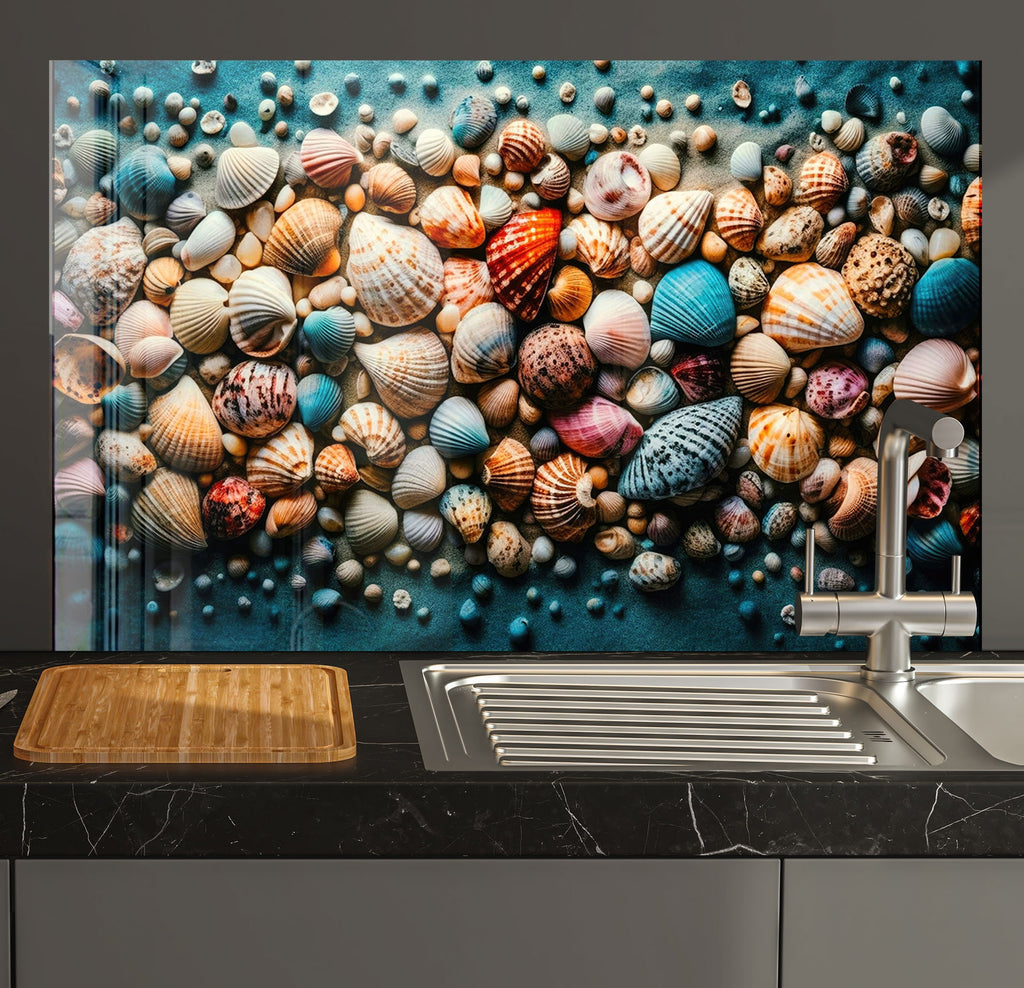 a kitchen with a sink and a painting on the wall