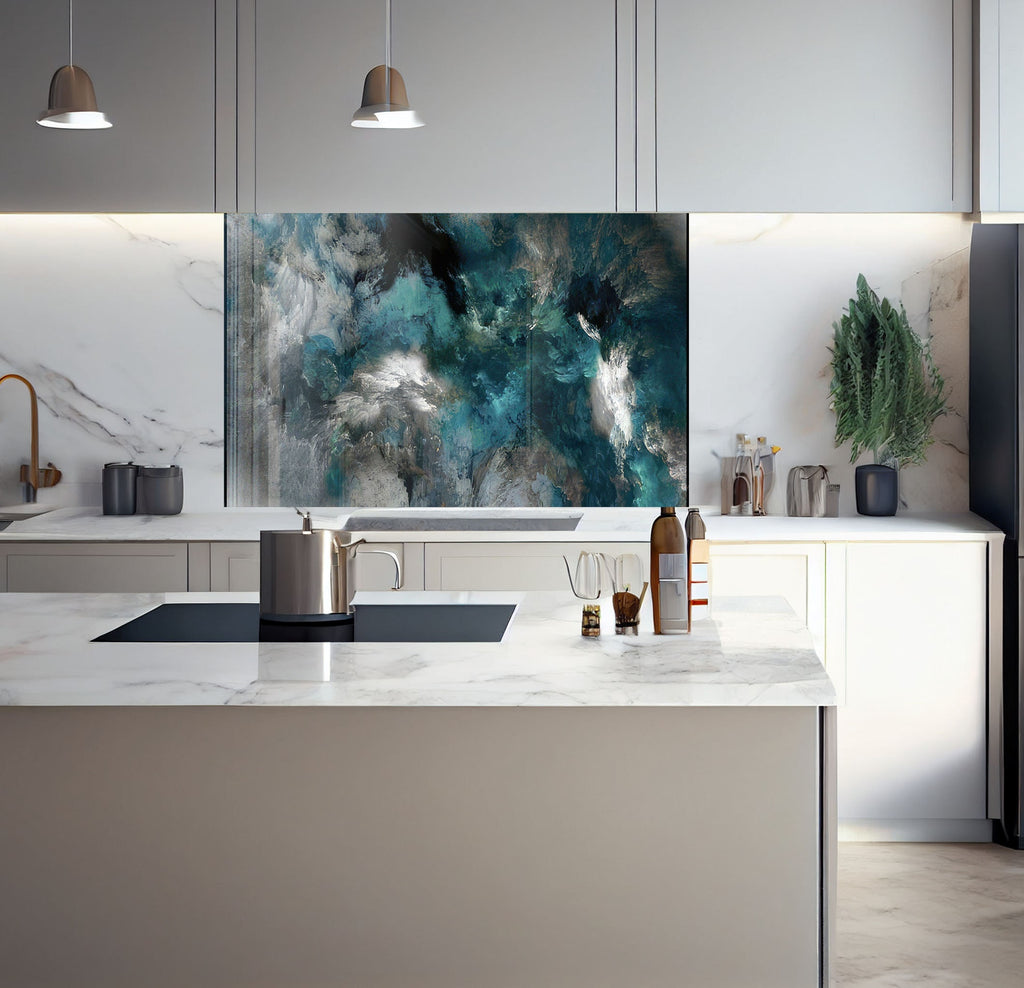 a kitchen with marble counter tops and a painting on the wall