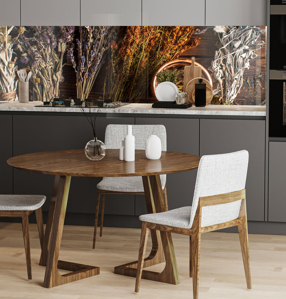 a kitchen with a wooden table and white chairs