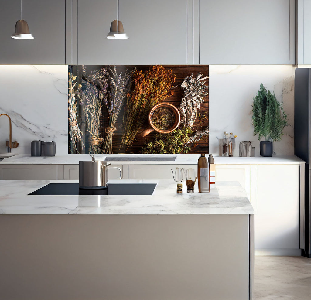 a kitchen with a marble counter top and a painting on the wall