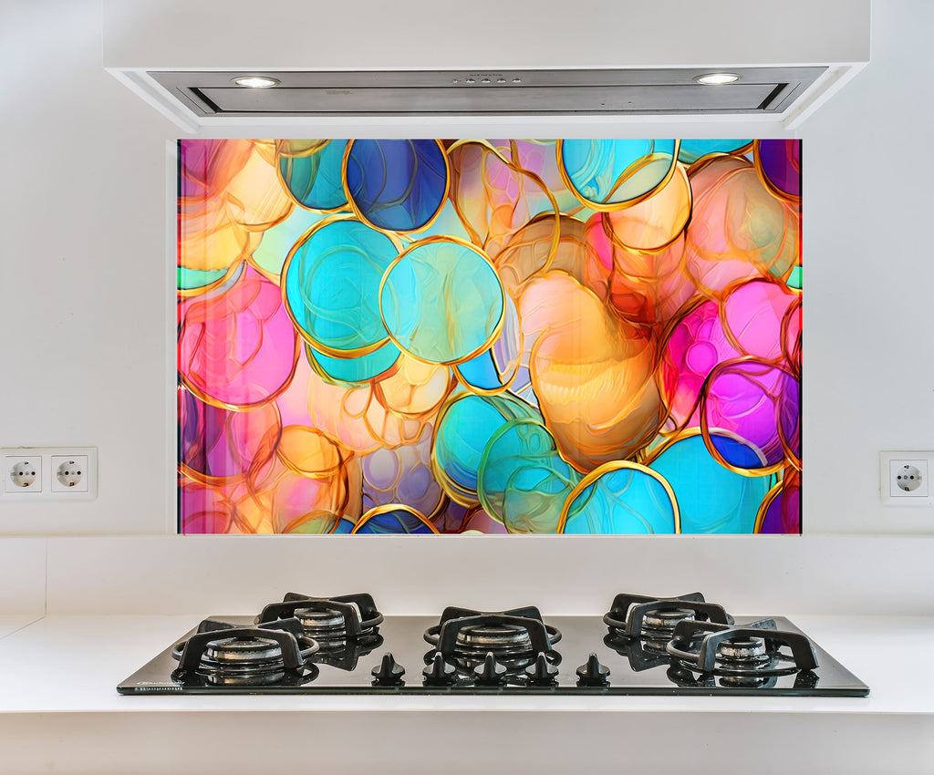 a picture of a colorful painting on a wall above a stove