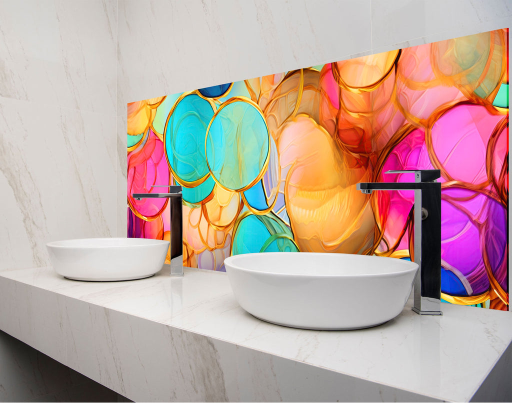 two white bowls on a counter in front of a colorful wall