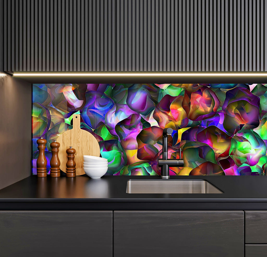 a kitchen counter with a sink and a colorful wall behind it