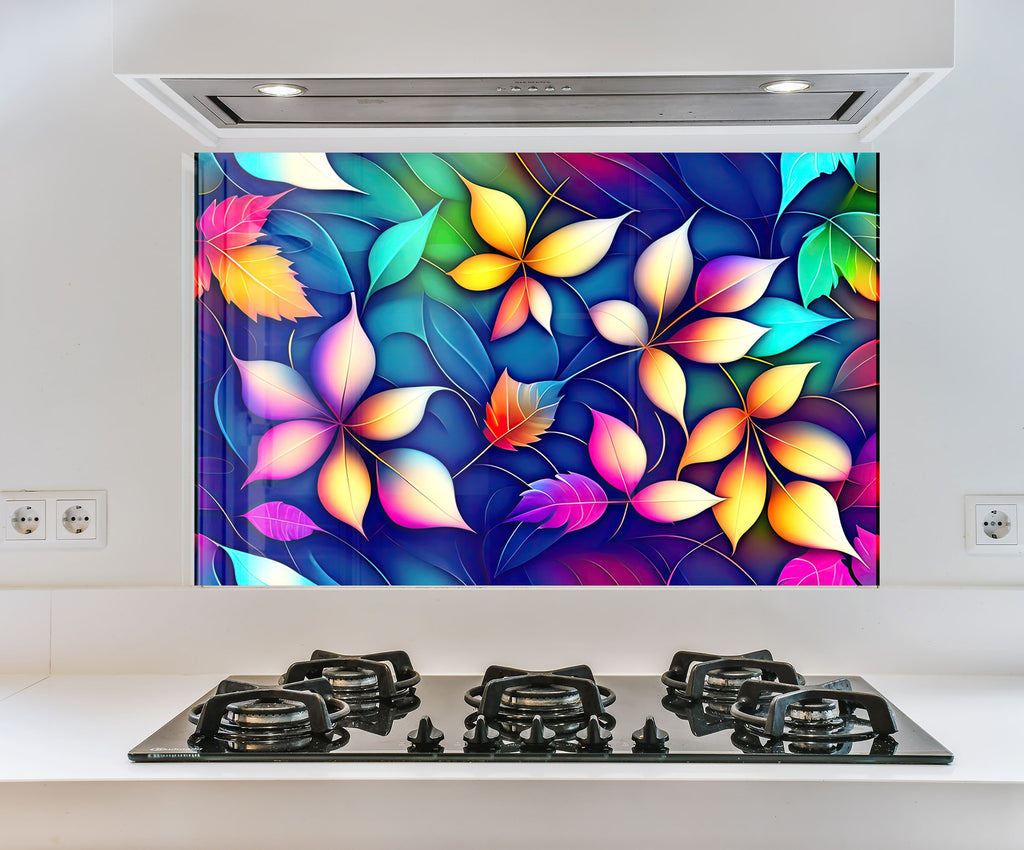 a painting of leaves on a wall above a stove