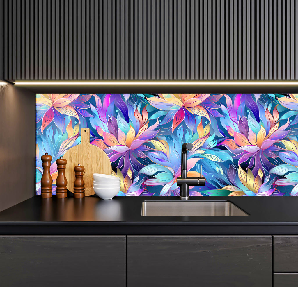 a kitchen with a sink and colorful wallpaper