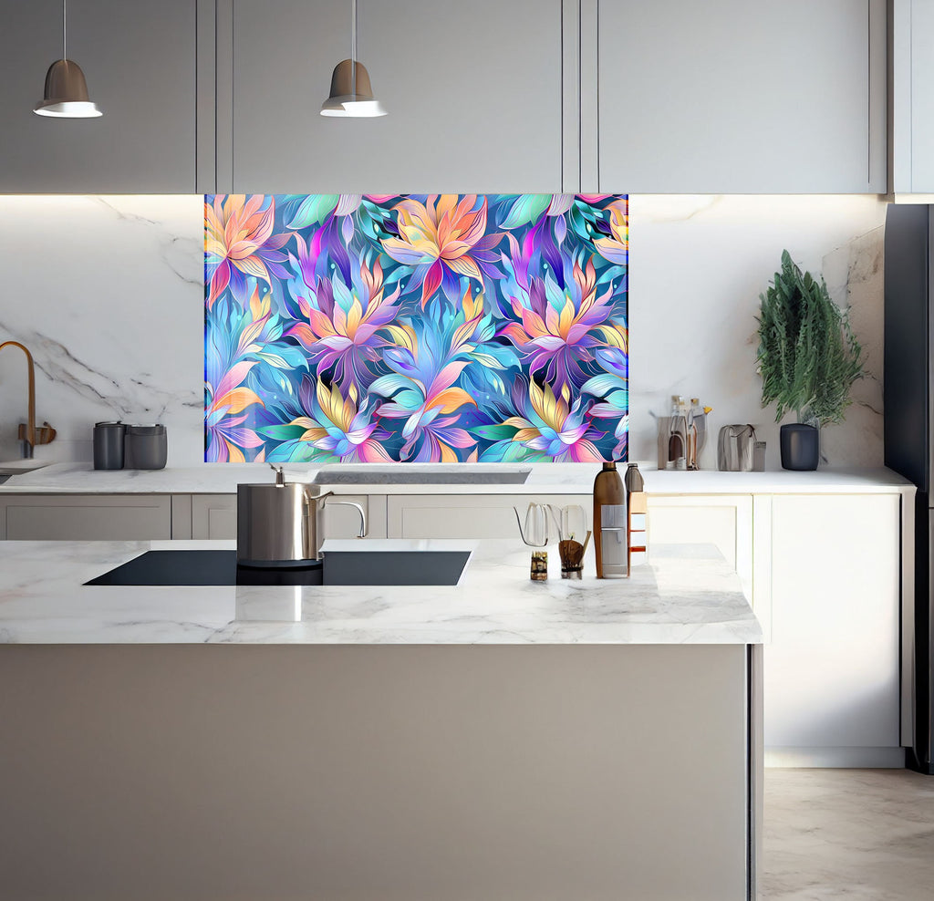 a kitchen with a marble counter top and a painting on the wall