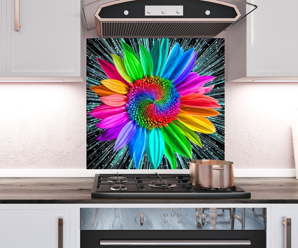 a multicolored flower on a black and white background in a kitchen