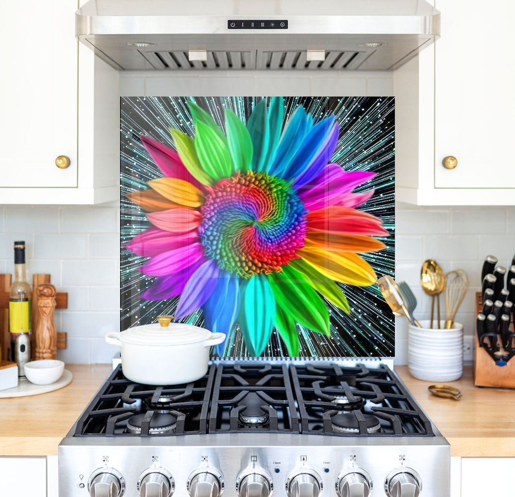 a colorful painting on a stove top in a kitchen