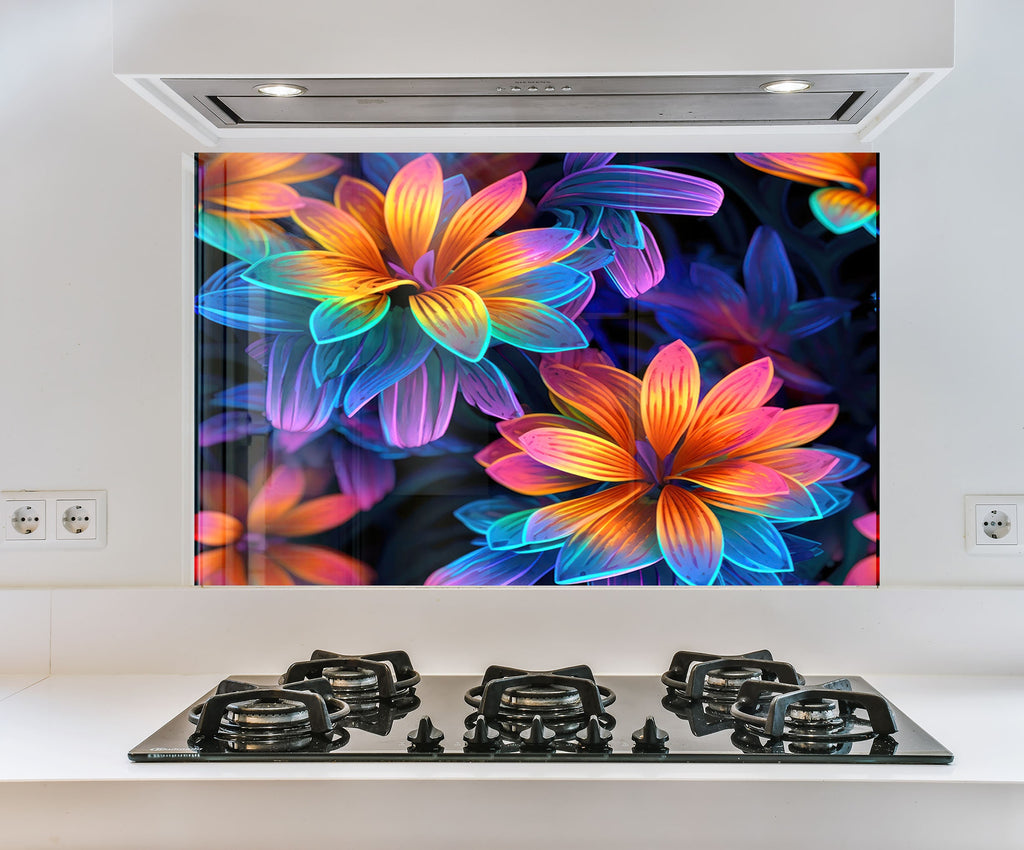 a picture of colorful flowers on a wall behind a stove