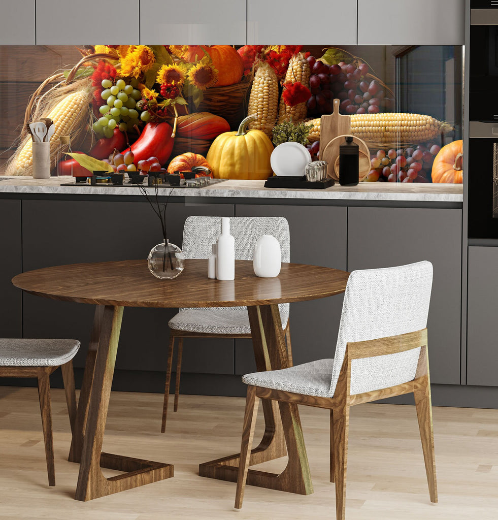 a kitchen scene with focus on the table and chairs