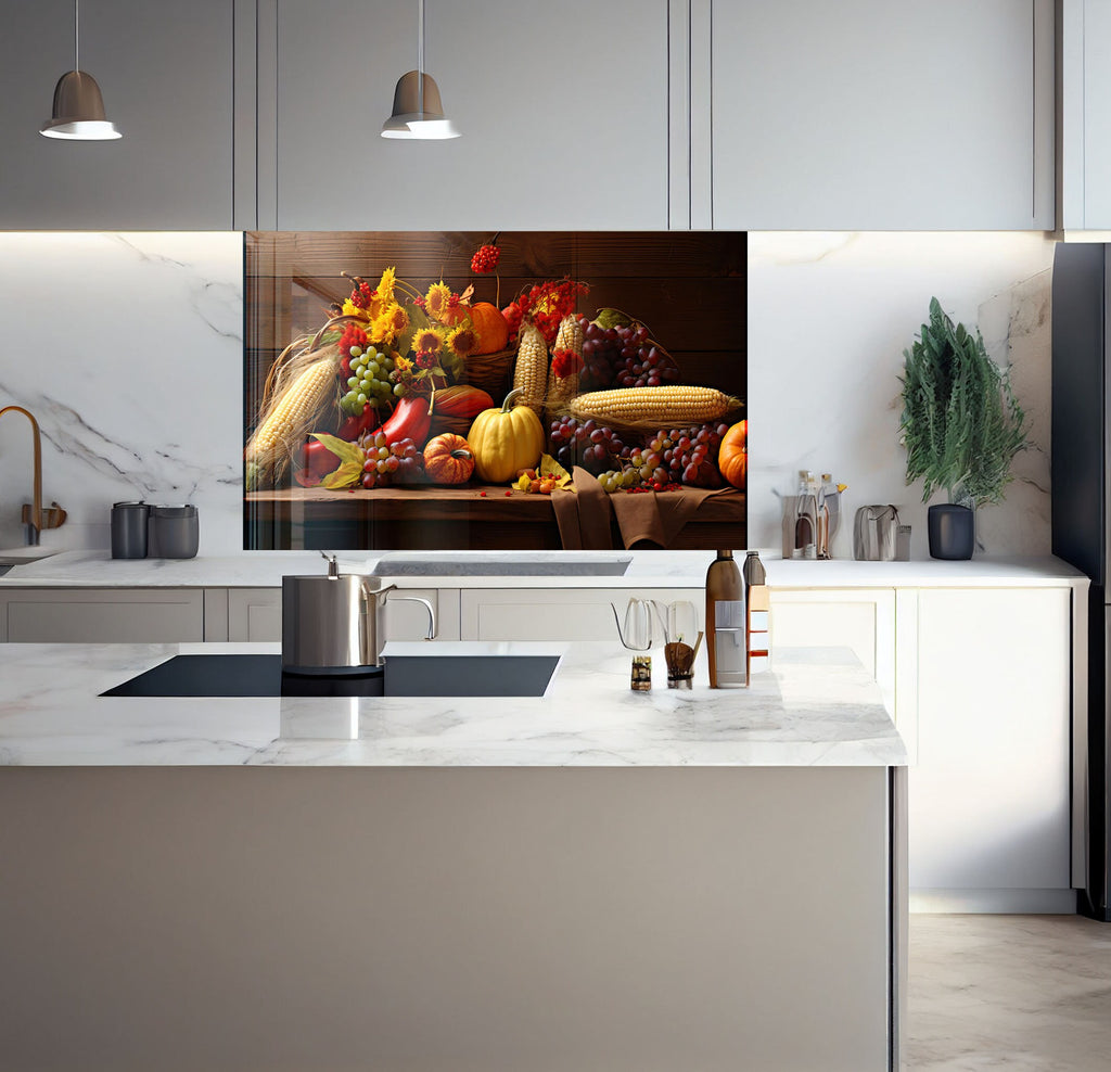 a kitchen with a marble counter top and a painting on the wall