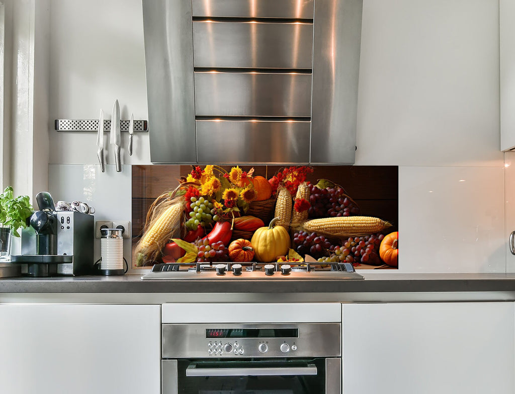 a picture of a kitchen with a bunch of fruits and vegetables on the stove