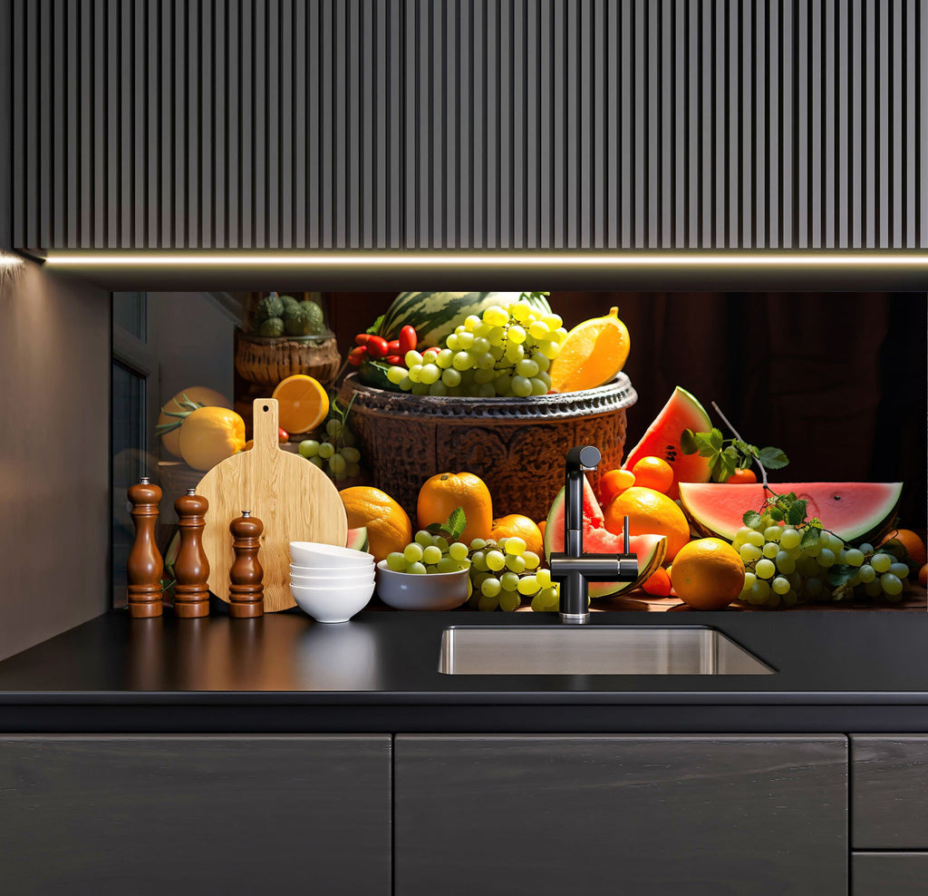 a kitchen with a sink and a bunch of fruit