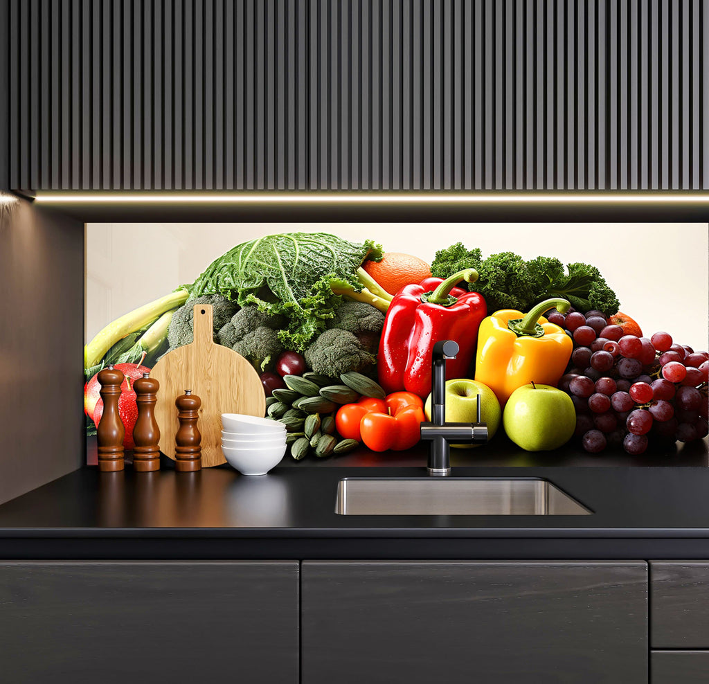 a kitchen counter topped with lots of fruits and vegetables