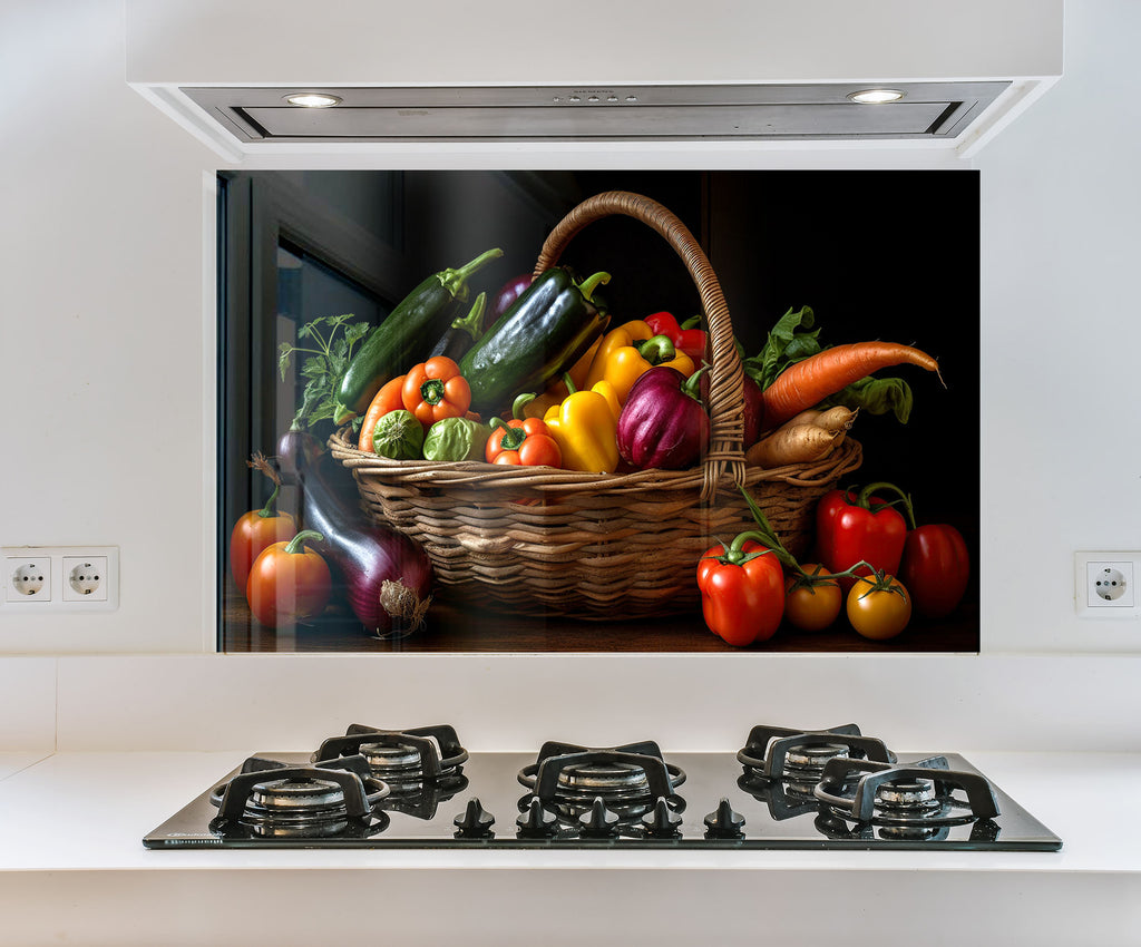 a painting of a basket of vegetables on a stove