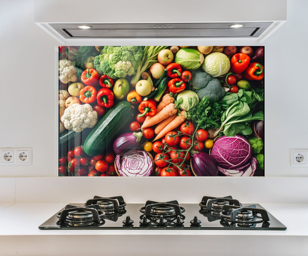 a kitchen with a picture of vegetables on the wall