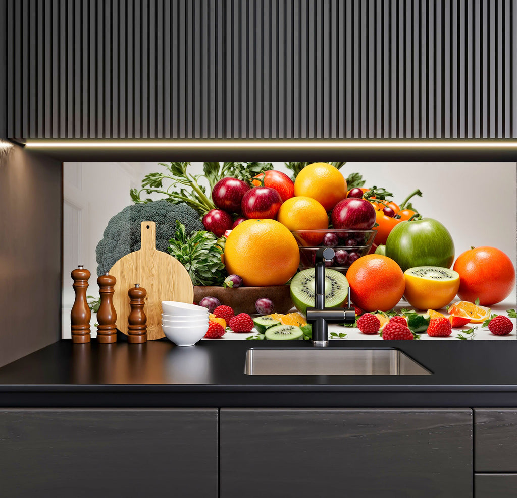 a kitchen sink with a bunch of fruits and vegetables on top of it