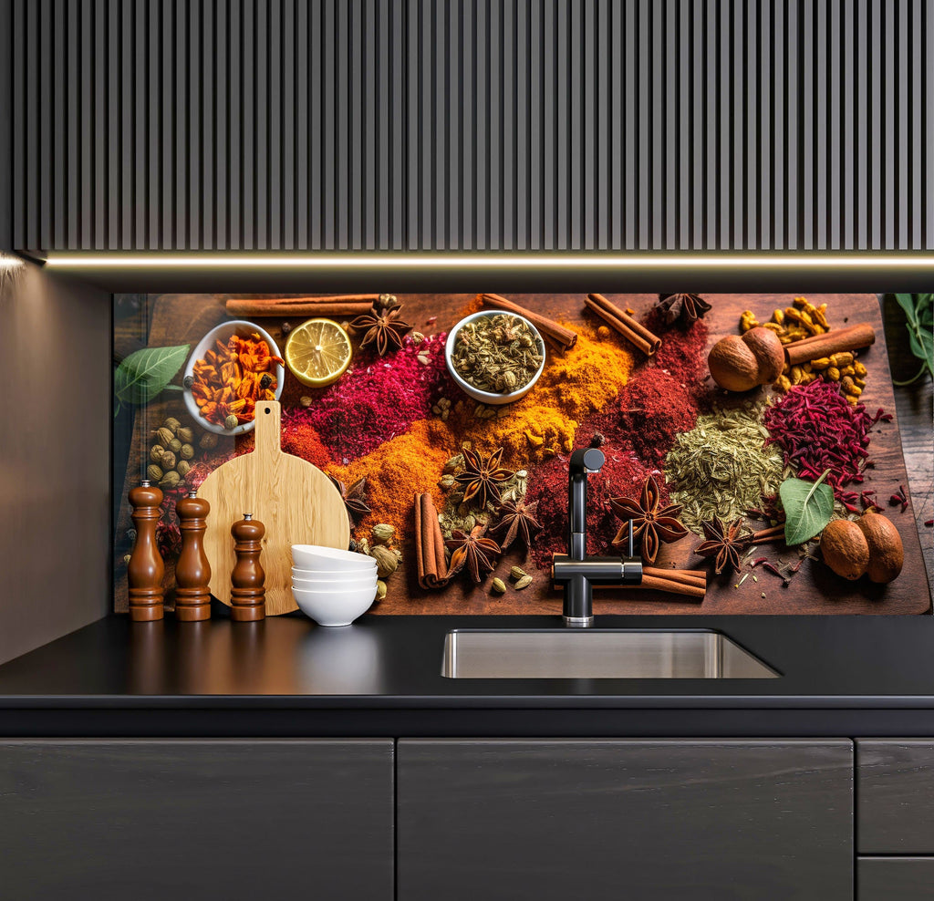 a kitchen counter with spices and spices on it