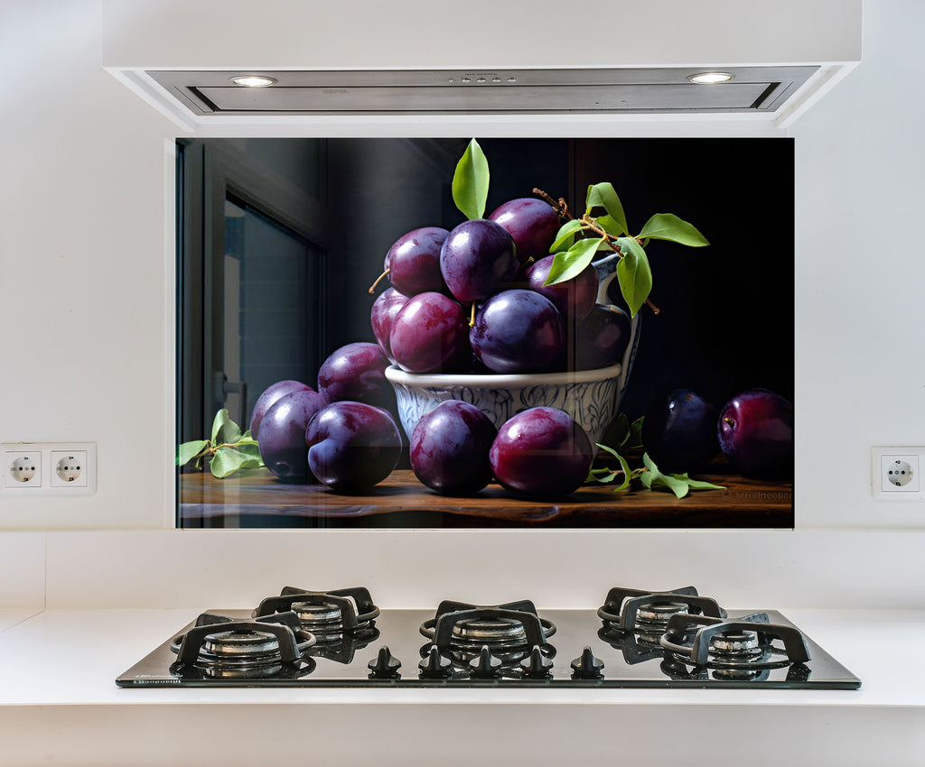 a painting of plums in a bowl on a stove